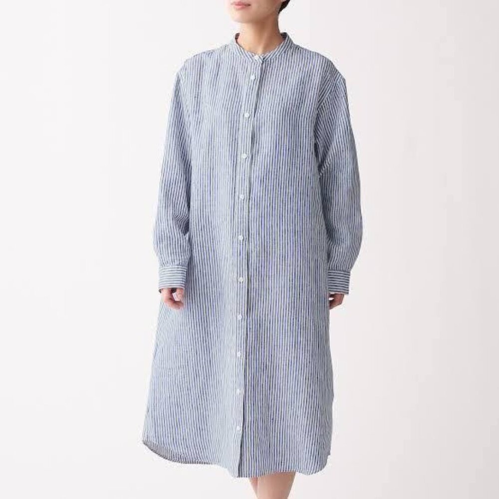 Muji linen Dress Shirt Dress size Small Blue Strip